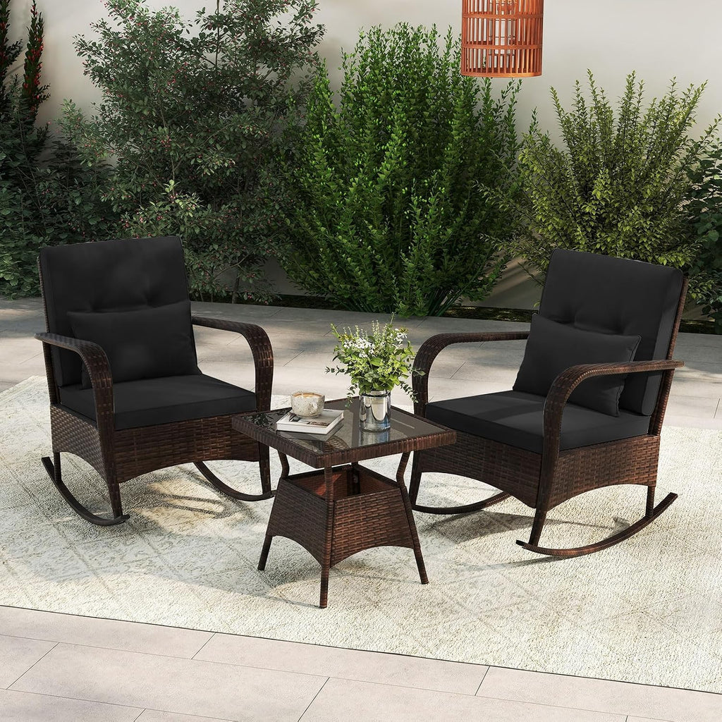 ORALNER 3 Pieces Patio Furniture Set, Outdoor Wicker Rocking Chairs with Cushions, Pillows, Glass Coffee Table, Rattan Bistro Rocker Set for Balcony Front Porch Poolside Garden Deck Yard (Black)
