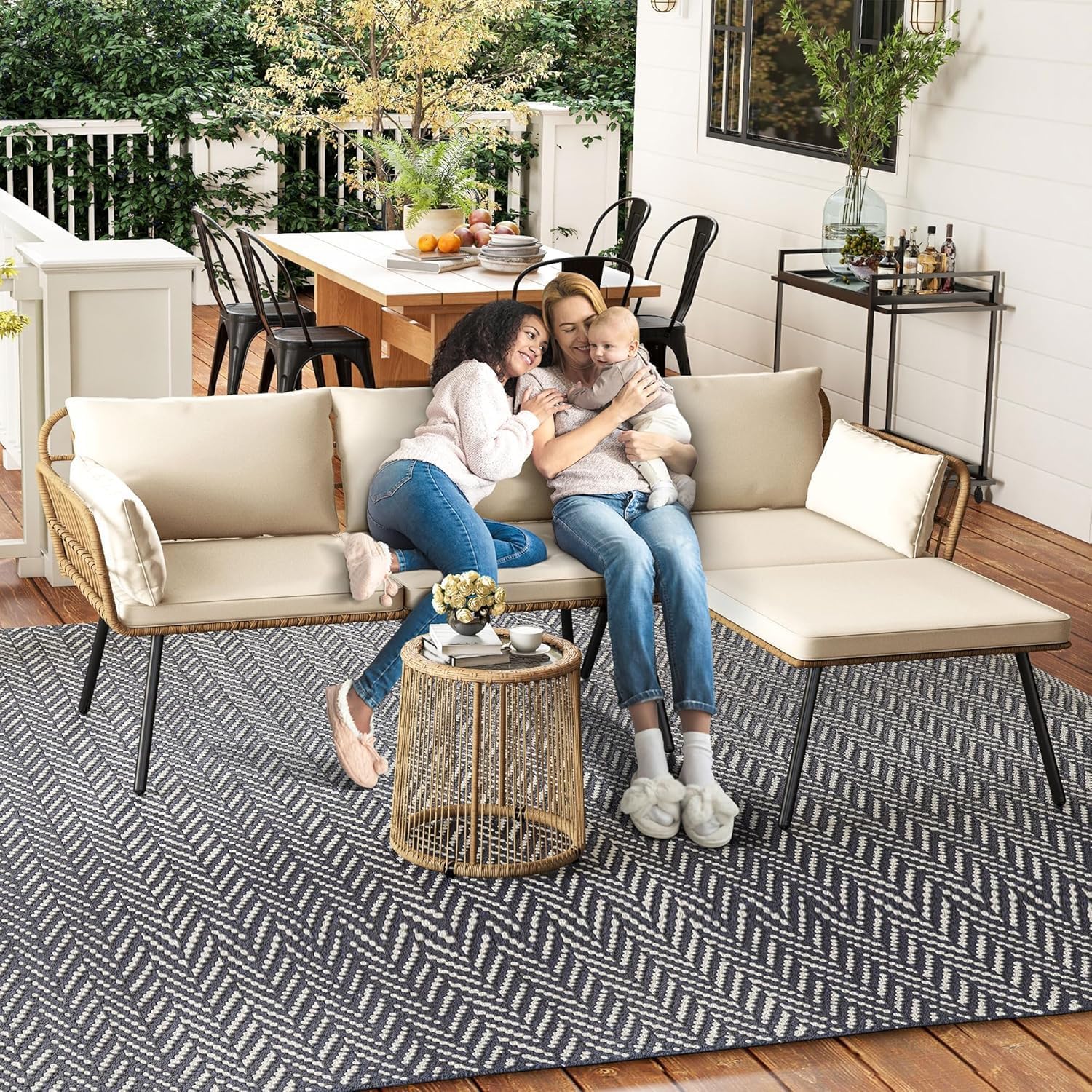 DWVO Patio Furniture Set 3 Piece Outdoor Wicker Conversation Set with Detachable Cushions and Coffee Table L-Shaped Sectional Sofa Set Outdoor Furniture Set for Backyard Porch Deck - Beige