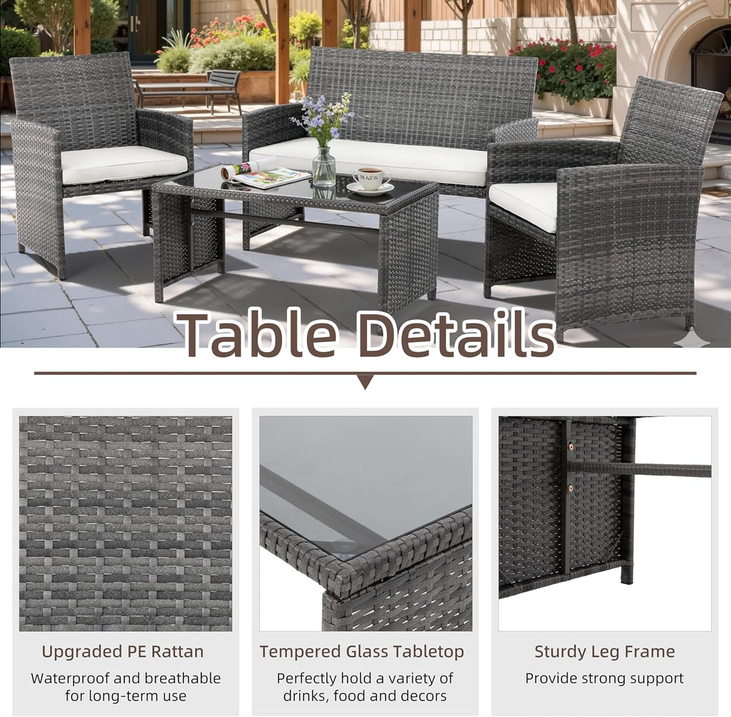 4 Piece Patio Ratten Set Outdoor Furniture Set Wicker Conversation Set with Cushions and Tempered Glass Tabletop,Beige