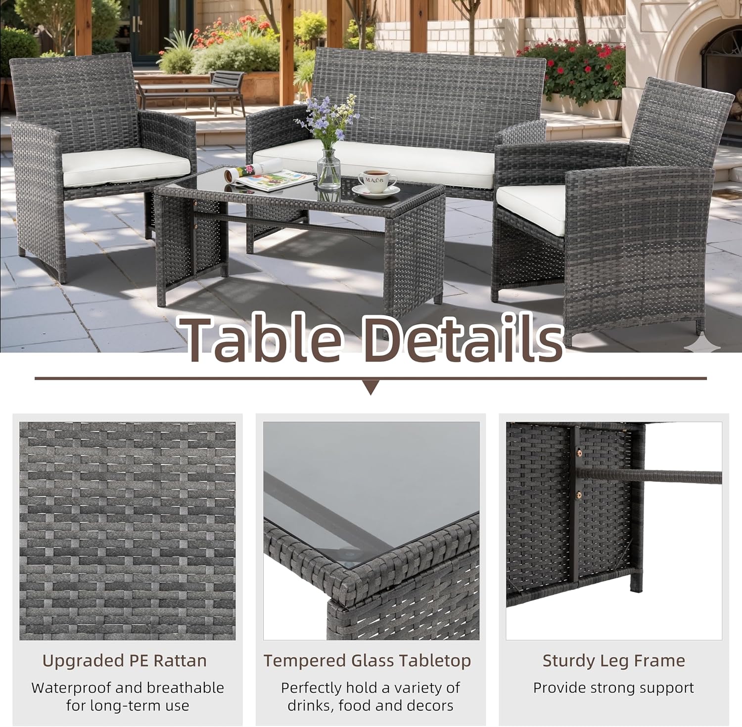 4 Piece Patio Ratten Set Outdoor Furniture Set Wicker Conversation Set with Cushions and Tempered Glass Tabletop,Beige
