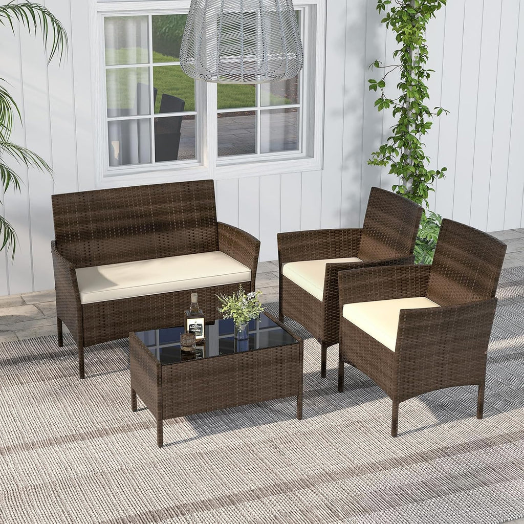 RELAX4LIFE 4-Piece Patio Furniture Set - Rattan Outdoor Conversation Bistro Set w/Cushions, Glass Coffee Table, Wicker Chairs & Loveseat for Garden Backyard Porch, Balcony Furniture Set (1, Beige)