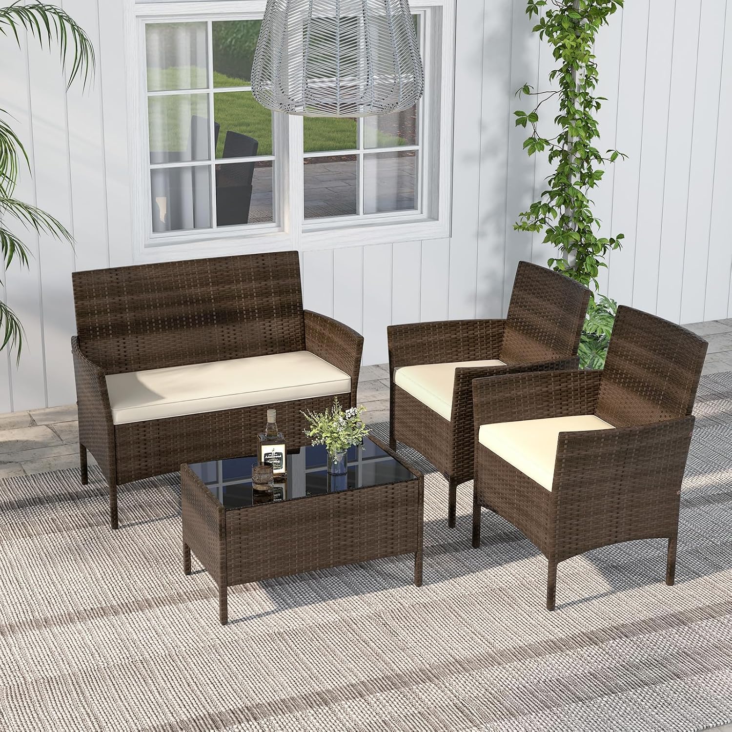 RELAX4LIFE 4-Piece Patio Furniture Set - Rattan Outdoor Conversation Bistro Set w/Cushions, Glass Coffee Table, Wicker Chairs & Loveseat for Garden Backyard Porch, Balcony Furniture Set (1, Beige)