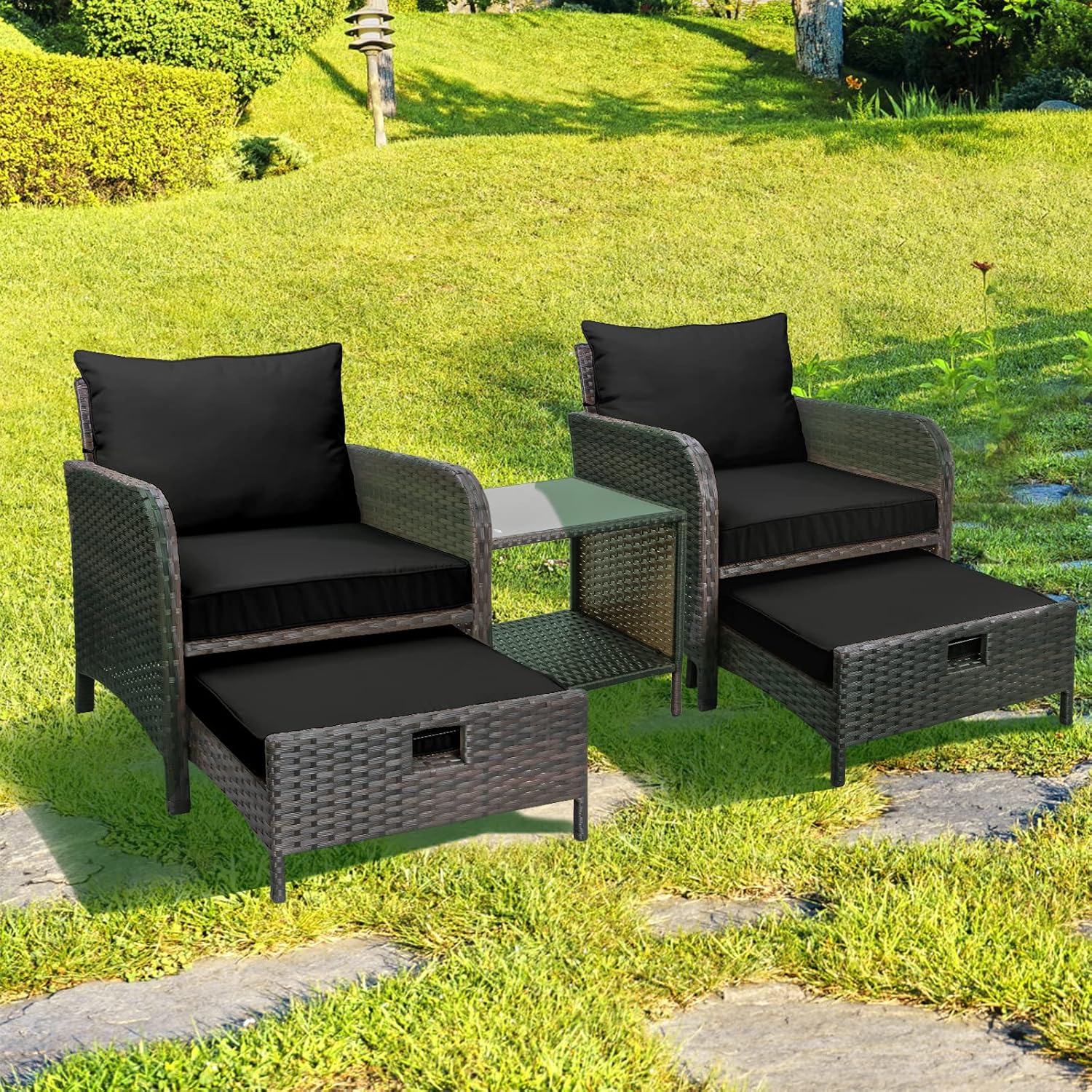 LEVELEVE Balcony Furniture 5 Piece Patio Conversation Set, PE Wicker Rattan Outdoor Lounge Chairs with Soft Cushions 2 Ottoman&Glass Table for Porch, Lawn-Brown Wicker（Black