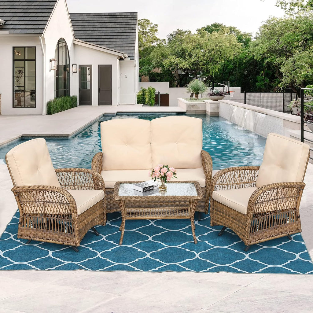MEETWARM 4 Pieces Outdoor Wicker Patio Conversation Sets with Glider Loveseat, 2 Chairs with Glass-Top Coffee Table Wicker Rocking Glider Set, Wicker Conversation Set with Thickened Cushions