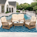 MEETWARM 4 Pieces Outdoor Wicker Patio Conversation Sets with Glider Loveseat, 2 Chairs with Glass-Top Coffee Table Wicker Rocking Glider Set, Wicker Conversation Set with Thickened Cushions