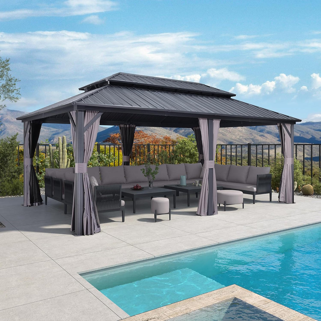 PURPLE LEAF 12' X 20' Patio Hardtop Gazebo Outdoor Pavilion Gazebo with Galvanized Steel Double Roof for Patio Lawn Garden Aluminum with Mosquito Nets and Curtains Grey