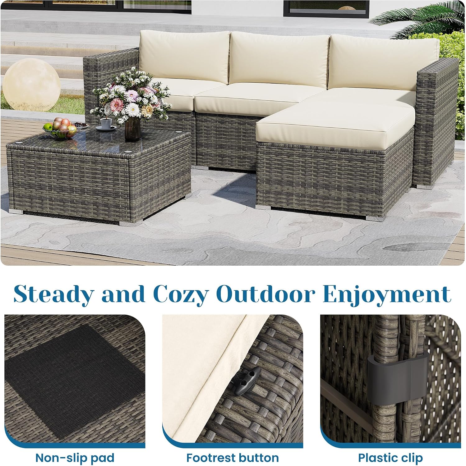 Green4ever 5-Piece Outdoor Patio Furniture Set, All-Weather Wicker Rattan Sectional Sofa with Cushions and Glass Coffee Table, Patio Conversation Set for Backyard, Porch, Garden, Balcony, Beige