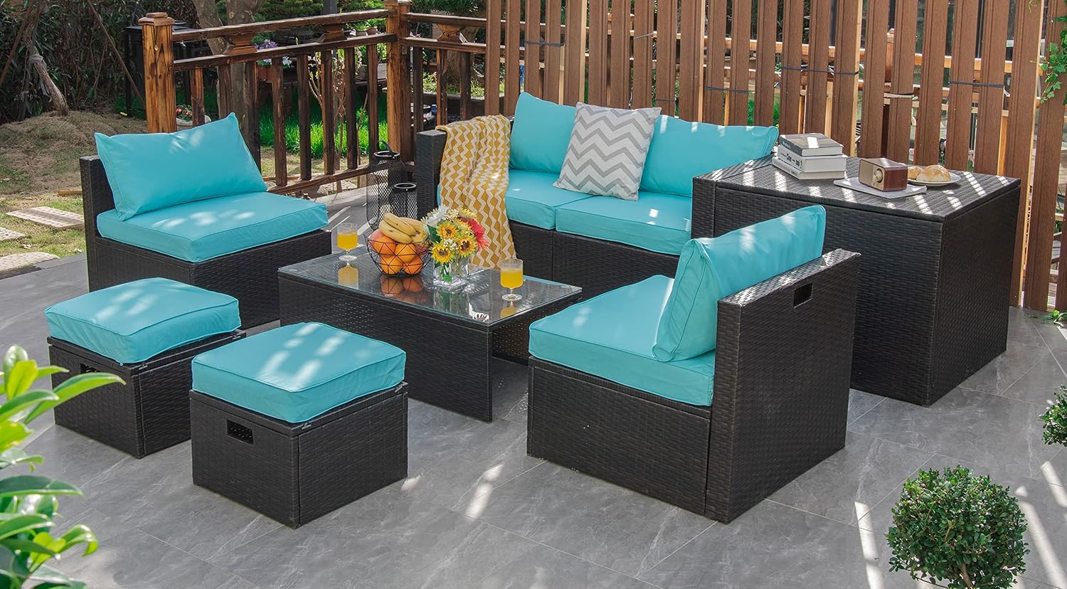 Tangkula 8 Piece Patio Furniture Set, Patiojoy Outdoor Space Saving PE Rattan Sectional Sofa Set for 6 with Waterproof Cover, for Garden, Deck, Poolside and Balcony (Turquoise)