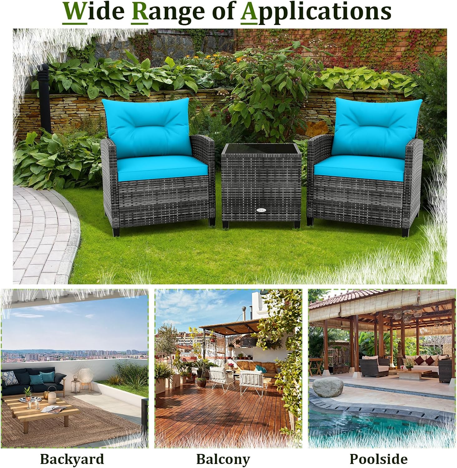 RELAX4LIFE 3 Piece Patio Furniture Set, Wicker Bistro Conversation Set w/2 Cushioned Armchairs & Glass Topped Table, Outdoor Rattan Sofa Set Patio Furniture for Porch Balcony Poolside (Grey-Turquoise)