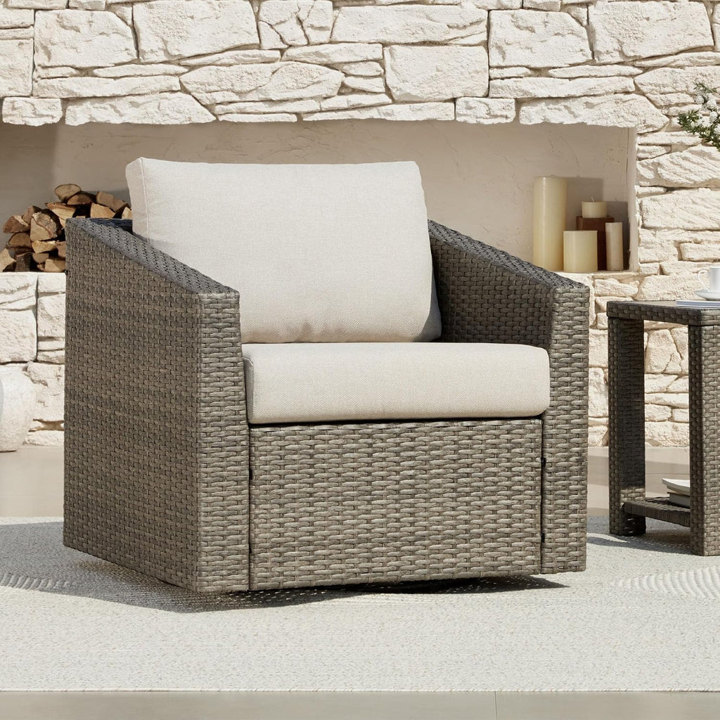 CHITA Patio Wicker Chair, 360° Swivel Outdoor Rattan Chair with Thickened Cushions for Backyard, Poolside, Garden or Porch, Beige Cushions with Grey Wicker