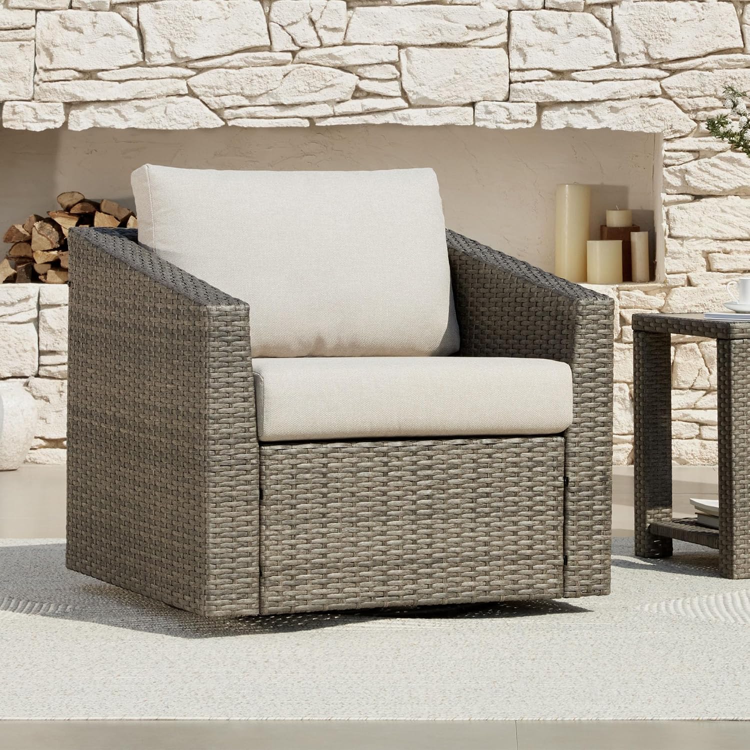 CHITA Patio Wicker Chair, 360° Swivel Outdoor Rattan Chair with Thickened Cushions for Backyard, Poolside, Garden or Porch, Beige Cushions with Grey Wicker