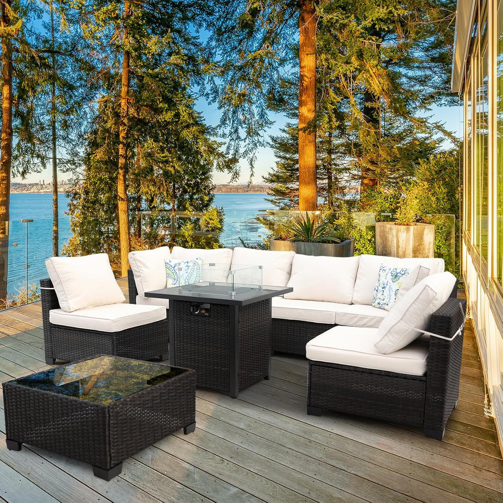 8 Piece Wicker Outdoor Patio Furniture Set with Fire Pit Table, Patio Sectional Sofa Perfect for Deck, Garden, Yard, Includes Splashproof Anti-Slip Cushions and 2 Pillows (Brown/Beige)