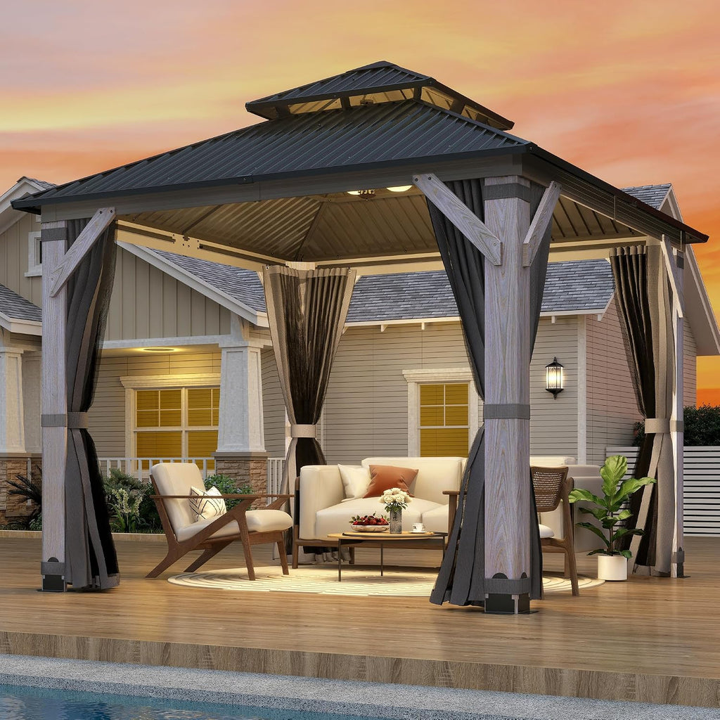 GARTOO 8.5' x 8.5' Outdoor Wood Gazebo - Permanent Wooden Hardtop Gazebo Pavilion with Double Curtains, Galvanized Steel Roof Cedar Wood Gazebos for Garden, Lawn, Poolside, Backyard Deck