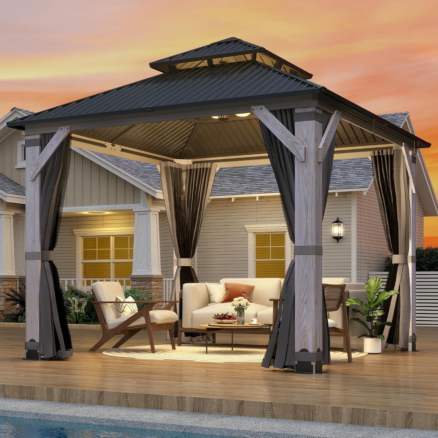 GARTOO 8.5' x 8.5' Outdoor Wood Gazebo - Permanent Wooden Hardtop Gazebo Pavilion with Double Curtains, Galvanized Steel Roof Cedar Wood Gazebos for Garden, Lawn, Poolside, Backyard Deck