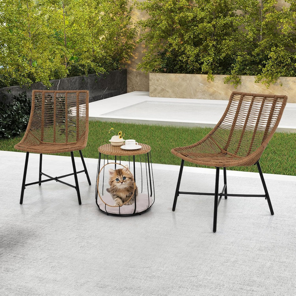 Tangkula 3 Pieces Outdoor Furniture Set with Pet House, Heavy Duty Metal Frame Patio Armless Chairs with Coffee Table, for Patio, Yard, Poolside, Garden (Light Brown)