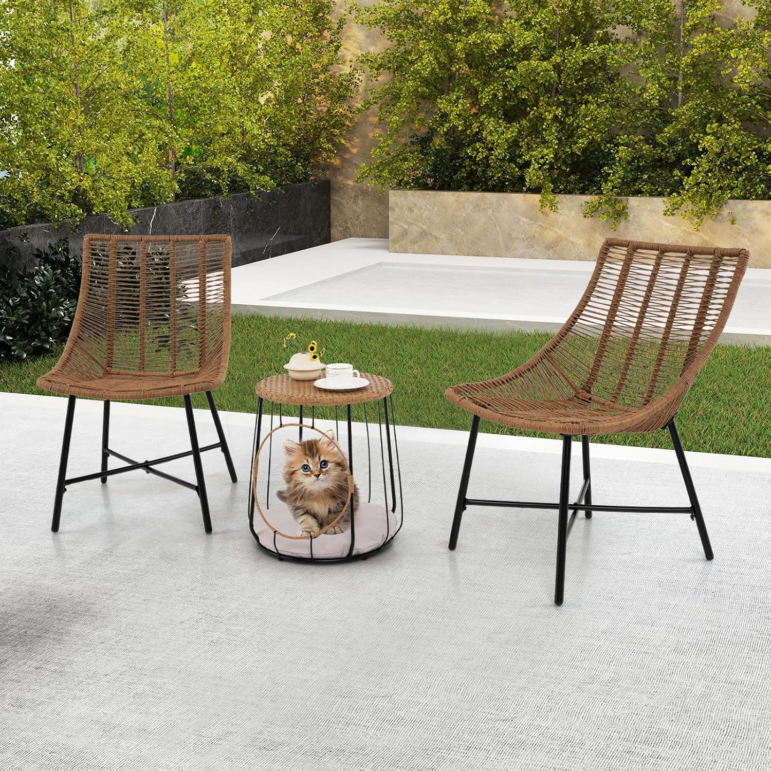 Tangkula 3 Pieces Outdoor Furniture Set with Pet House, Heavy Duty Metal Frame Patio Armless Chairs with Coffee Table, for Patio, Yard, Poolside, Garden (Light Brown)