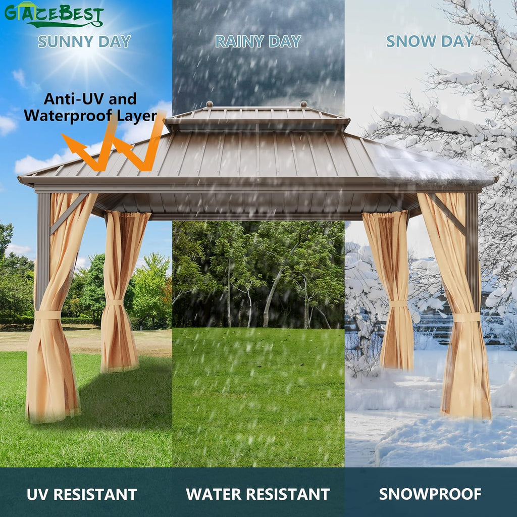 10'x10' Hardtop Gazebo Outdoor Aluminum Patio Gazebo Double Roof Galvanized Steel Canopy with Netting and Curtains,for Garden, Backyard,Deck and Lawns