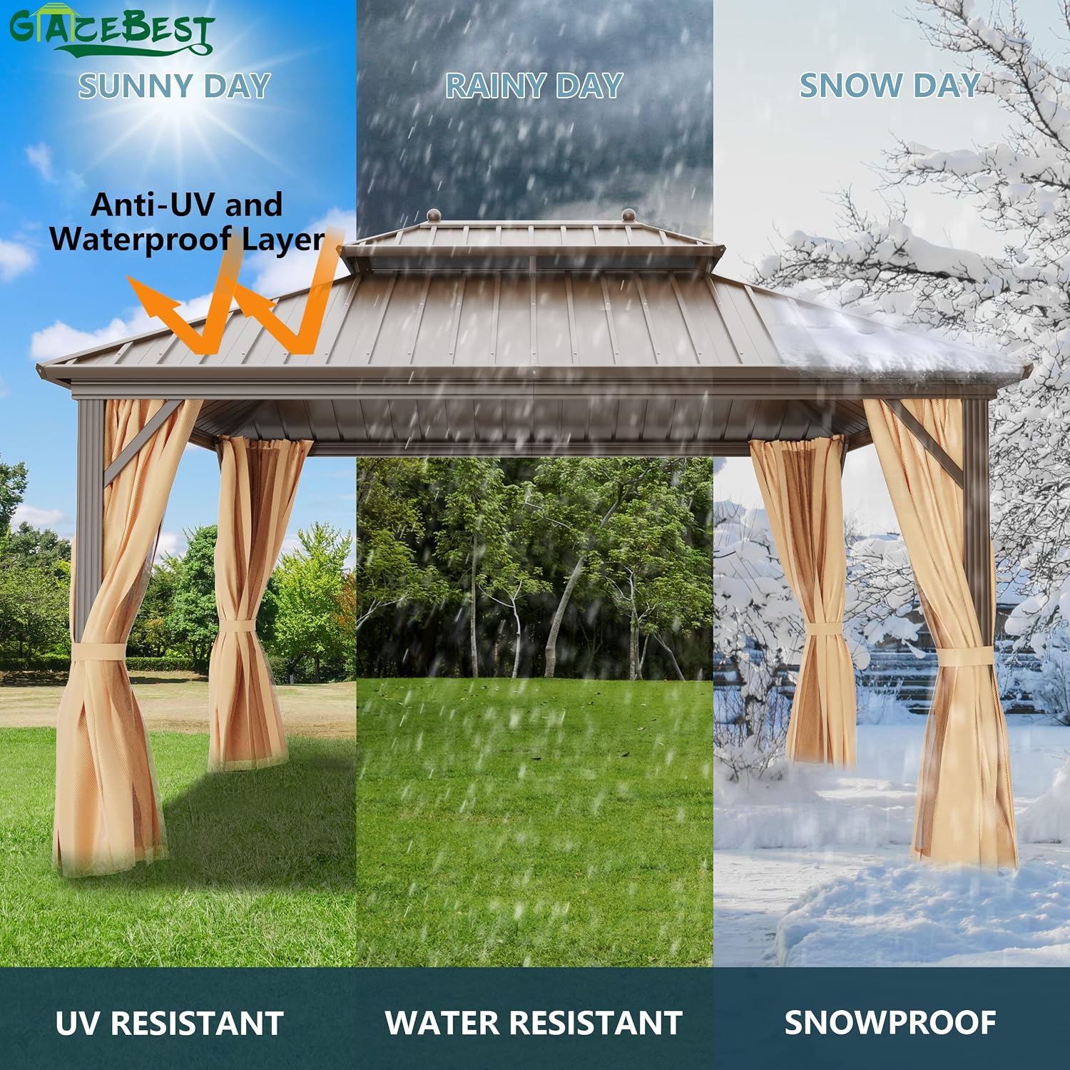 10'x10' Hardtop Gazebo Outdoor Aluminum Patio Gazebo Double Roof Galvanized Steel Canopy with Netting and Curtains,for Garden, Backyard,Deck and Lawns