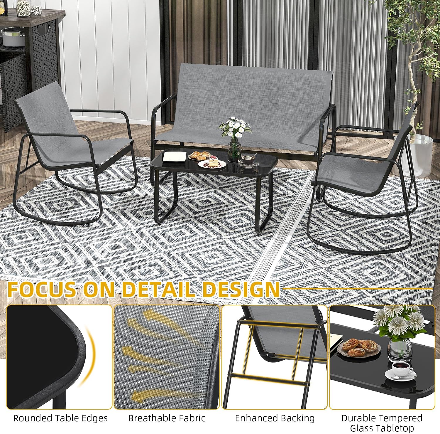 DWVO 4-Piece Patio Furniture Set, Textilene Conversation Set with 2 Rocking Chairs and Tempered Glass Coffee Table, Ideal for Indoor Patio Lawn Garden Poolside, Gray