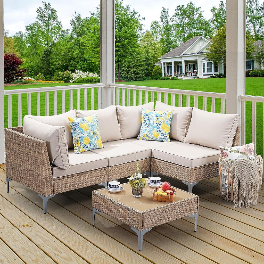 5-Piece Patio Furniture Set, Outdoor Wicker Sectional Sofa with Coffee Table, Anti-Slip & Thick All-Weather Cushions for Party, Garden, Backyard, Beige