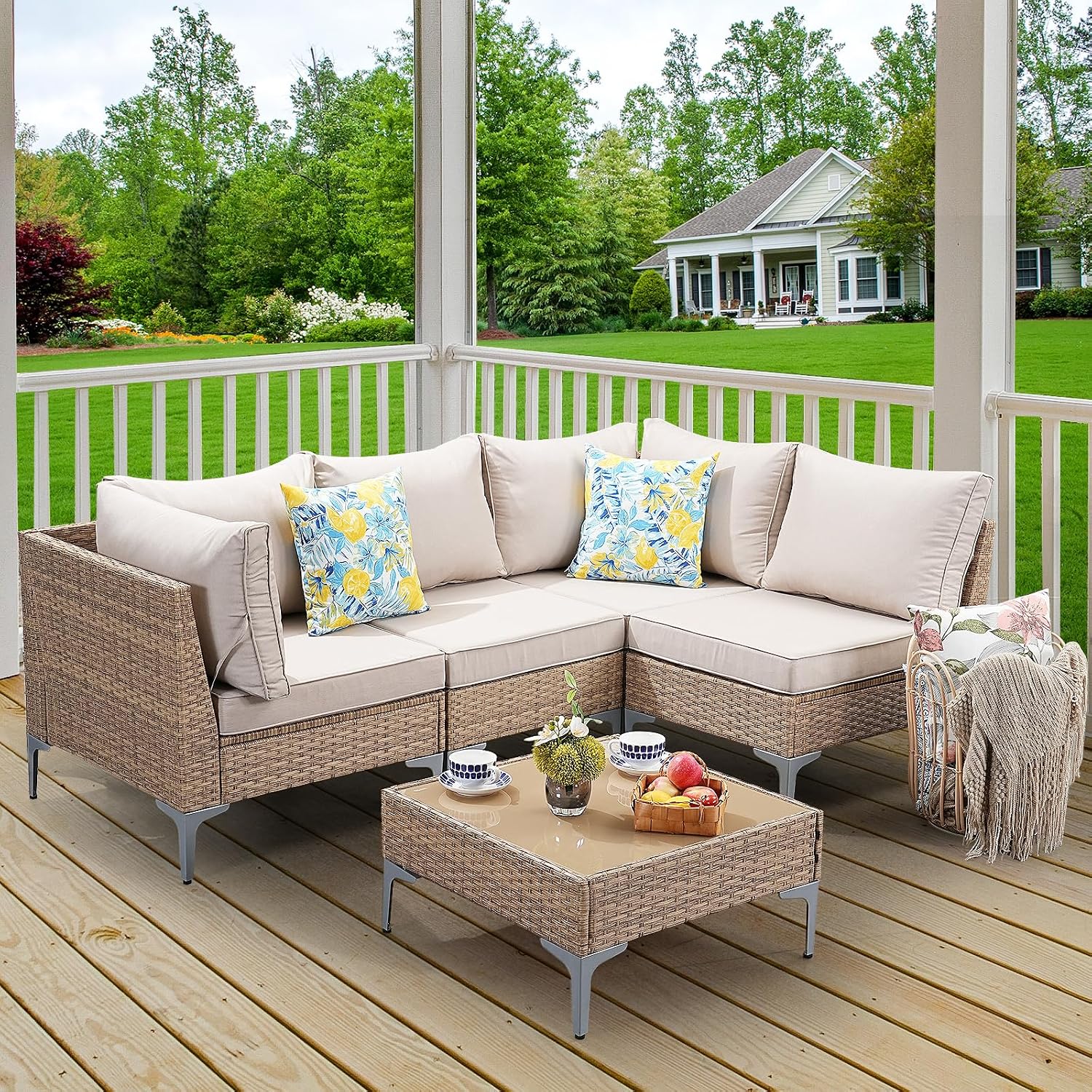 5-Piece Patio Furniture Set, Outdoor Wicker Sectional Sofa with Coffee Table, Anti-Slip & Thick All-Weather Cushions for Party, Garden, Backyard, Beige
