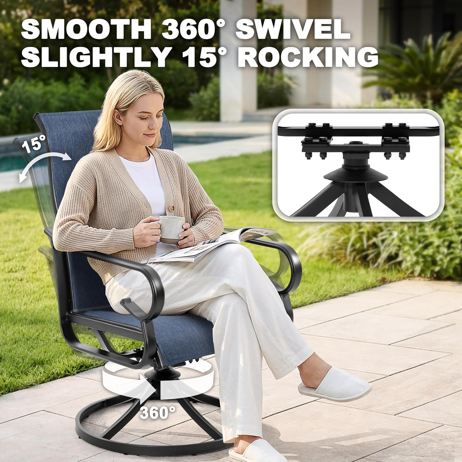 NUU GARDEN 7PCS Outdoor Dining Set with Umbrella Hole, Patio Table and Chair Set, Outdoor Dining Table and Swivel Chairs with High Backrest, All-Weather Breathable Textilene Patio Dining Set, Blue