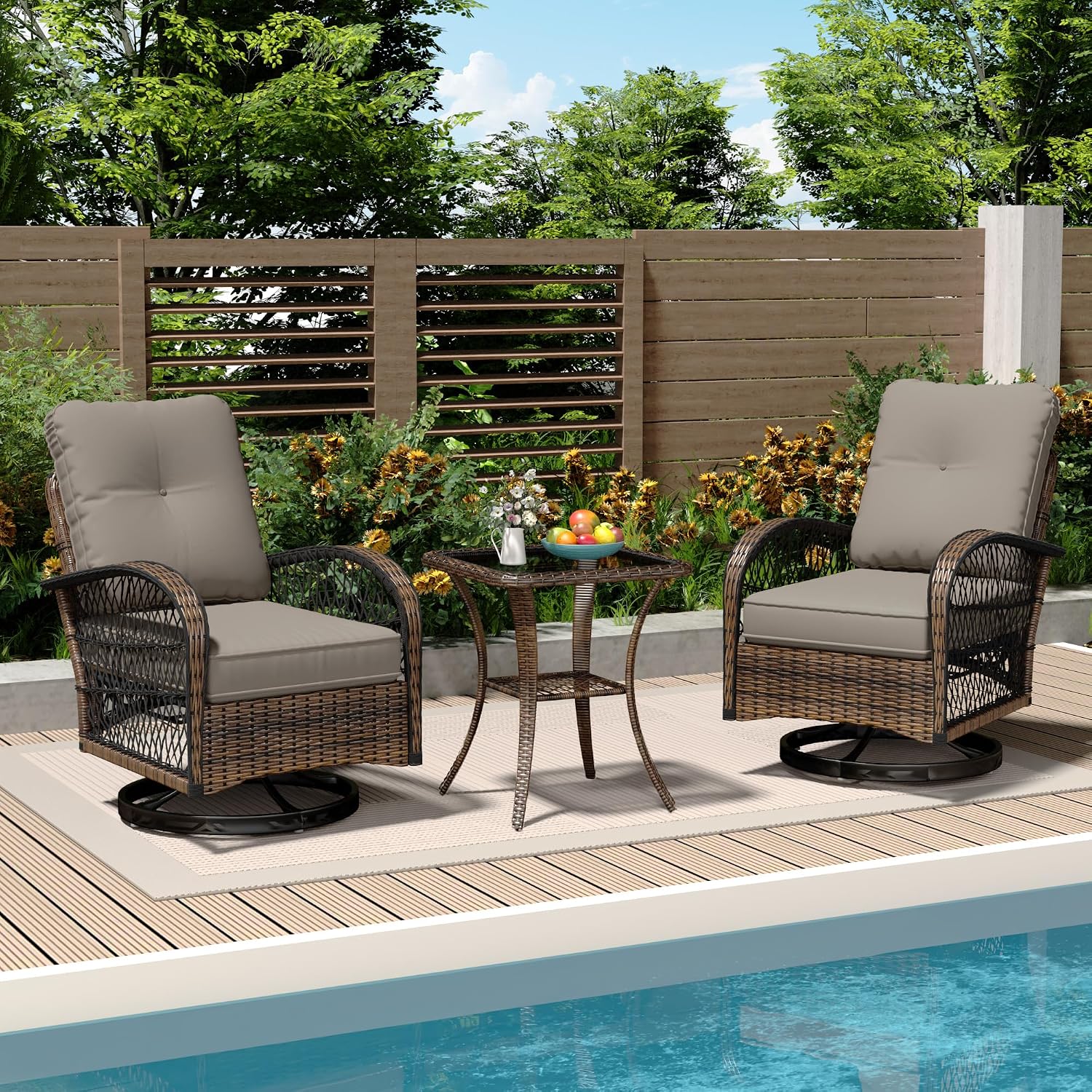 MELLCOM 3 Pieces Patio Furniture Set, Outdoor Swivel Rocker Patio Chairs, Wicker Patio Bistro Set with Rocking Chair, Thickened Cushions and Glass Coffee Table for Backyard, Garden, Grey