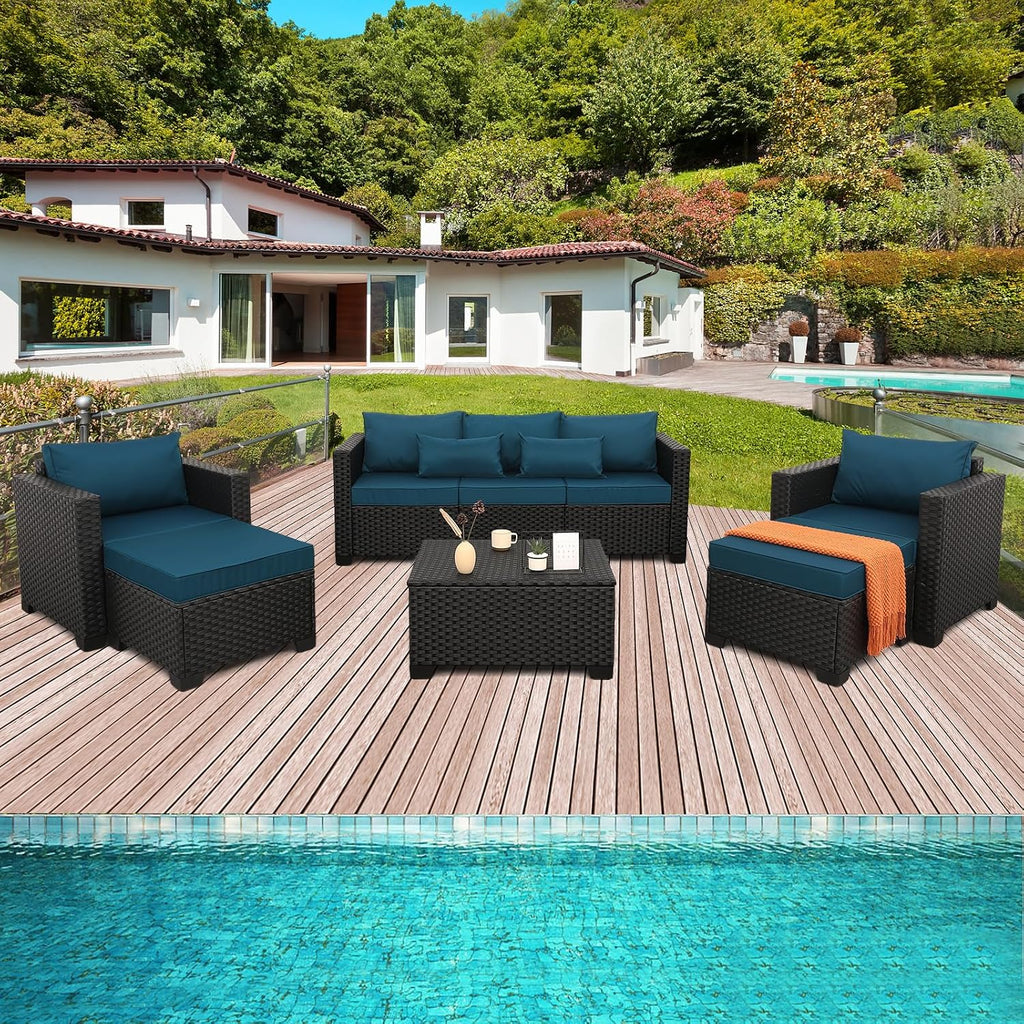 Rattaner Patio Furniture Set 6 Pieces Couch Outdoor Chairs Coffee Table Peacock Blue Anti-Slip Cushions and Waterproof Covers