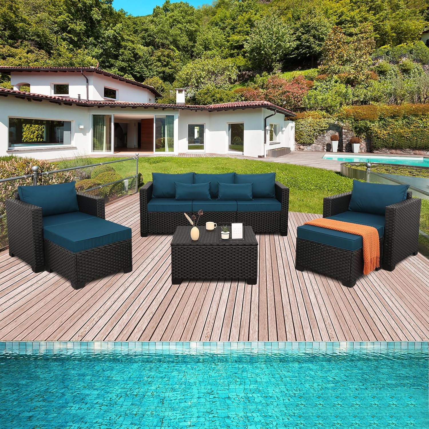 Rattaner Patio Furniture Set 6 Pieces Couch Outdoor Chairs Coffee Table Peacock Blue Anti-Slip Cushions and Waterproof Covers
