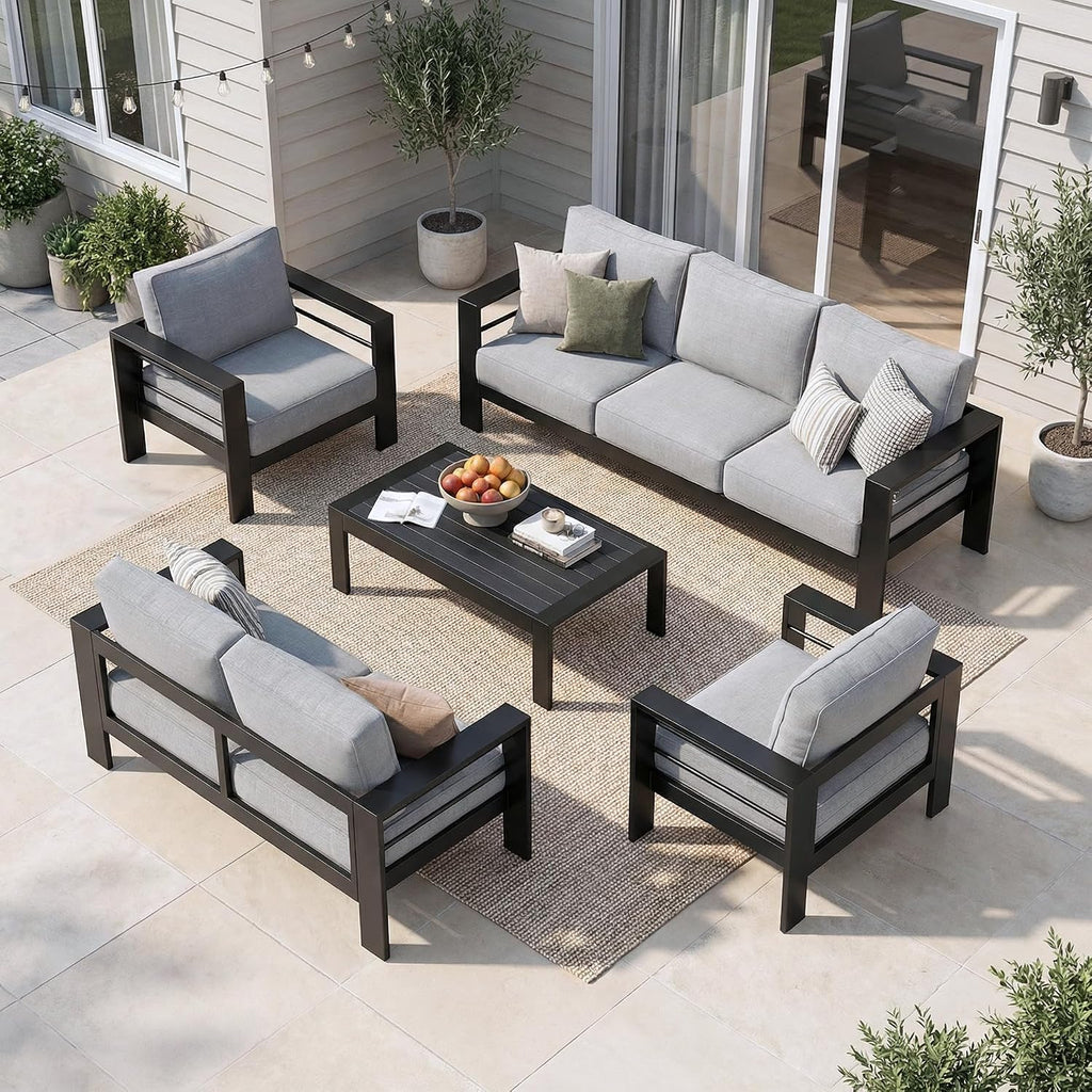Solaste Aluminum Patio Furniture Set for All Weather, Oversized Metal Outdoor Furniture with 27.5' Deep Seating and 3.2' Wide Armrest, Patio Conversation Set with 10'' Back Cushion, Black and Grey