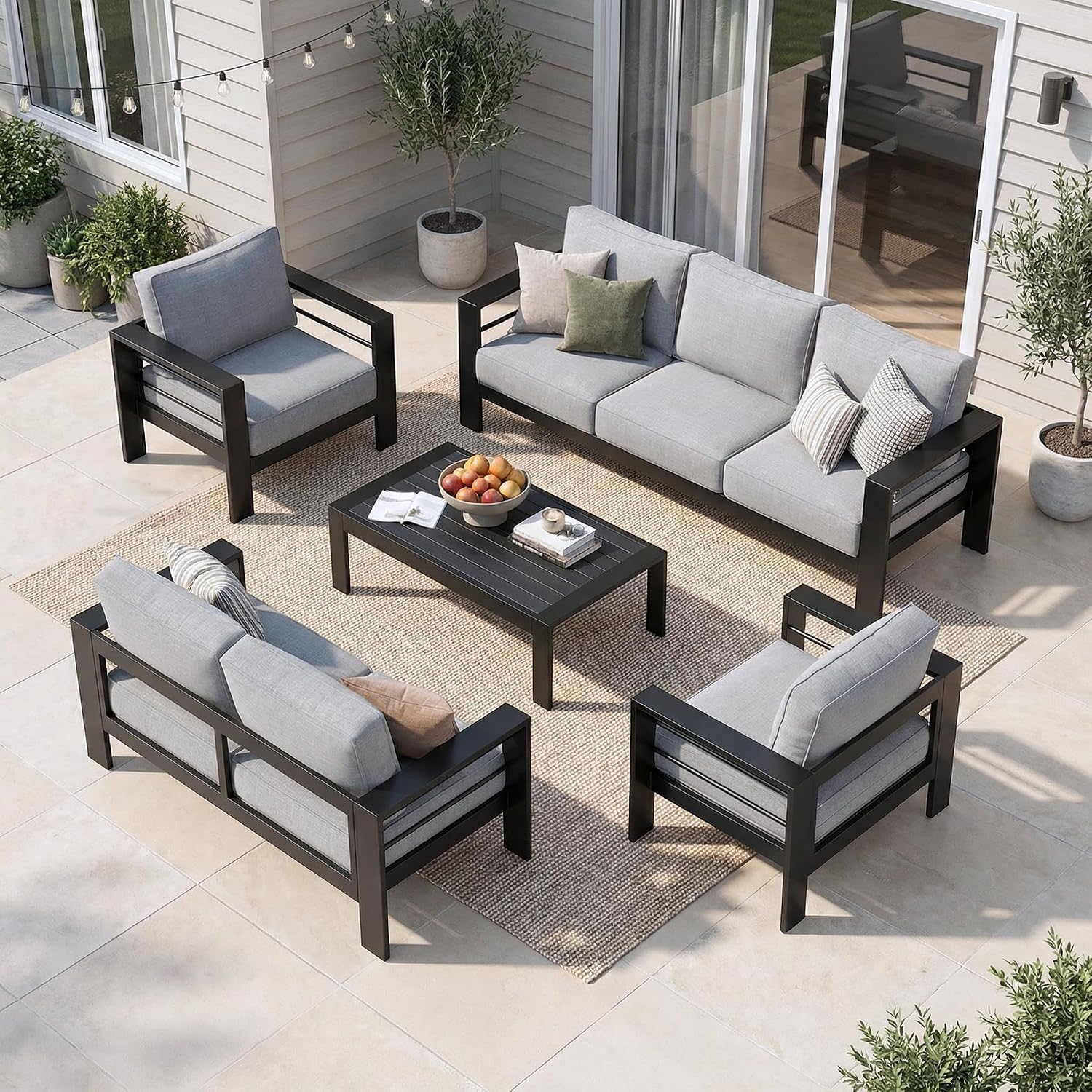 Solaste Aluminum Patio Furniture Set for All Weather, Oversized Metal Outdoor Furniture with 27.5' Deep Seating and 3.2' Wide Armrest, Patio Conversation Set with 10'' Back Cushion, Black and Grey