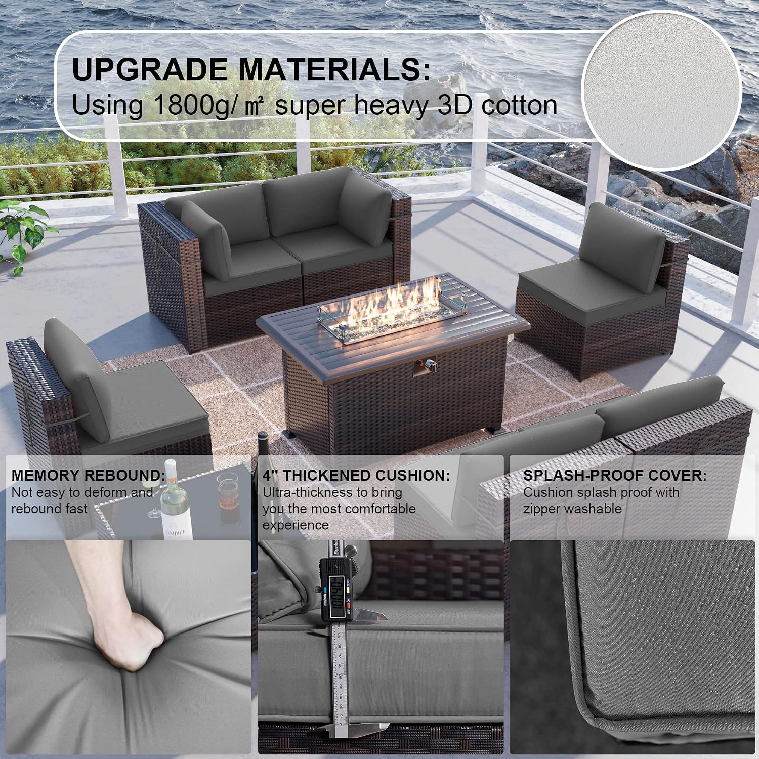 Kullavik 8 Pieces Outdoor Patio Furniture Set with 43' 55000BTU Gas Propane Fire Pit Table PE Wicker Rattan Sectional Sofa Patio Conversation Sets,Grey