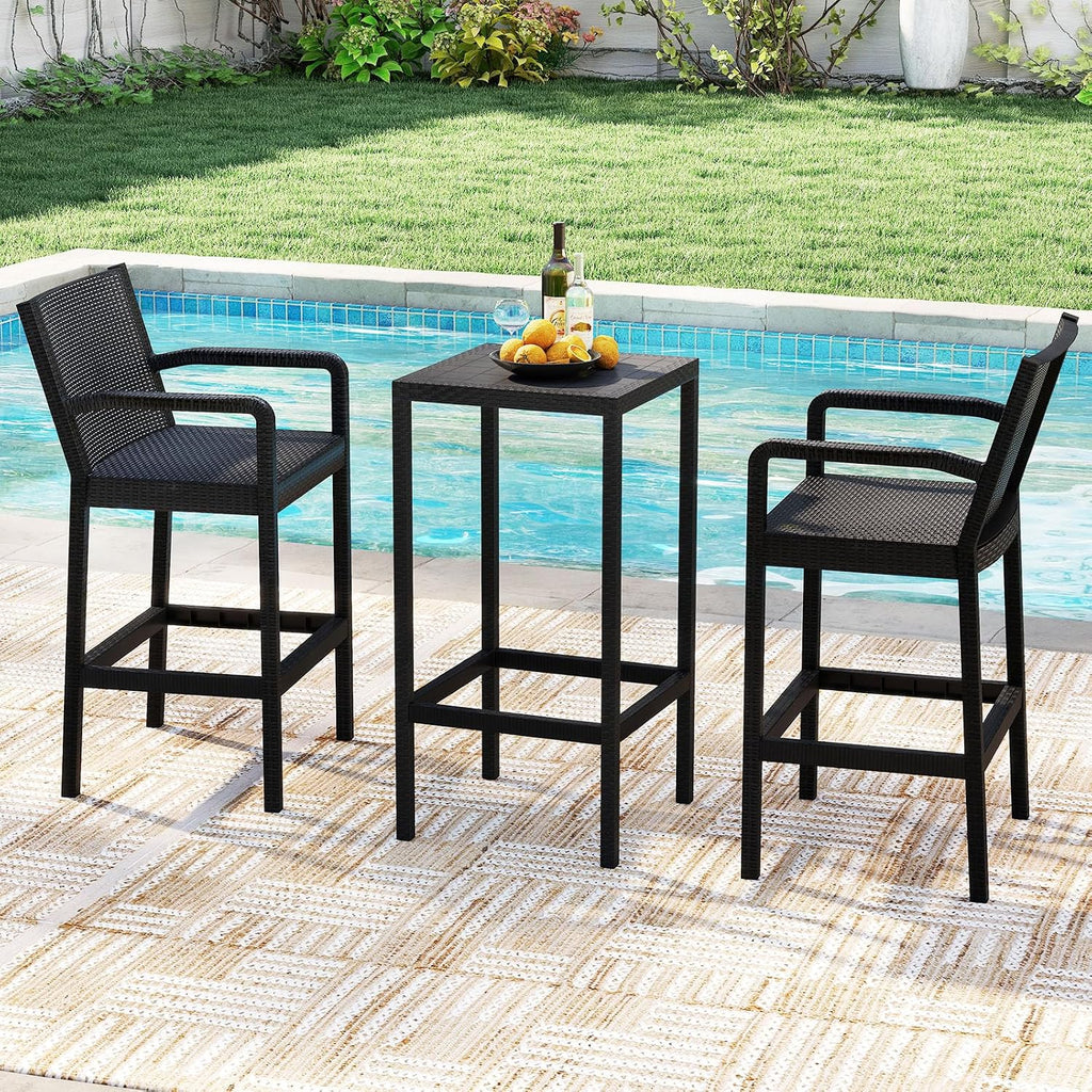 COSTWAY 3 Pieces Patio Bar Set, Modern Outdoor Bistro Set with 2 Chairs and 1 Square Bar Table, Curved Backrest and Armrests, Metal Frame, for Garden, Balcony, Poolside, Black