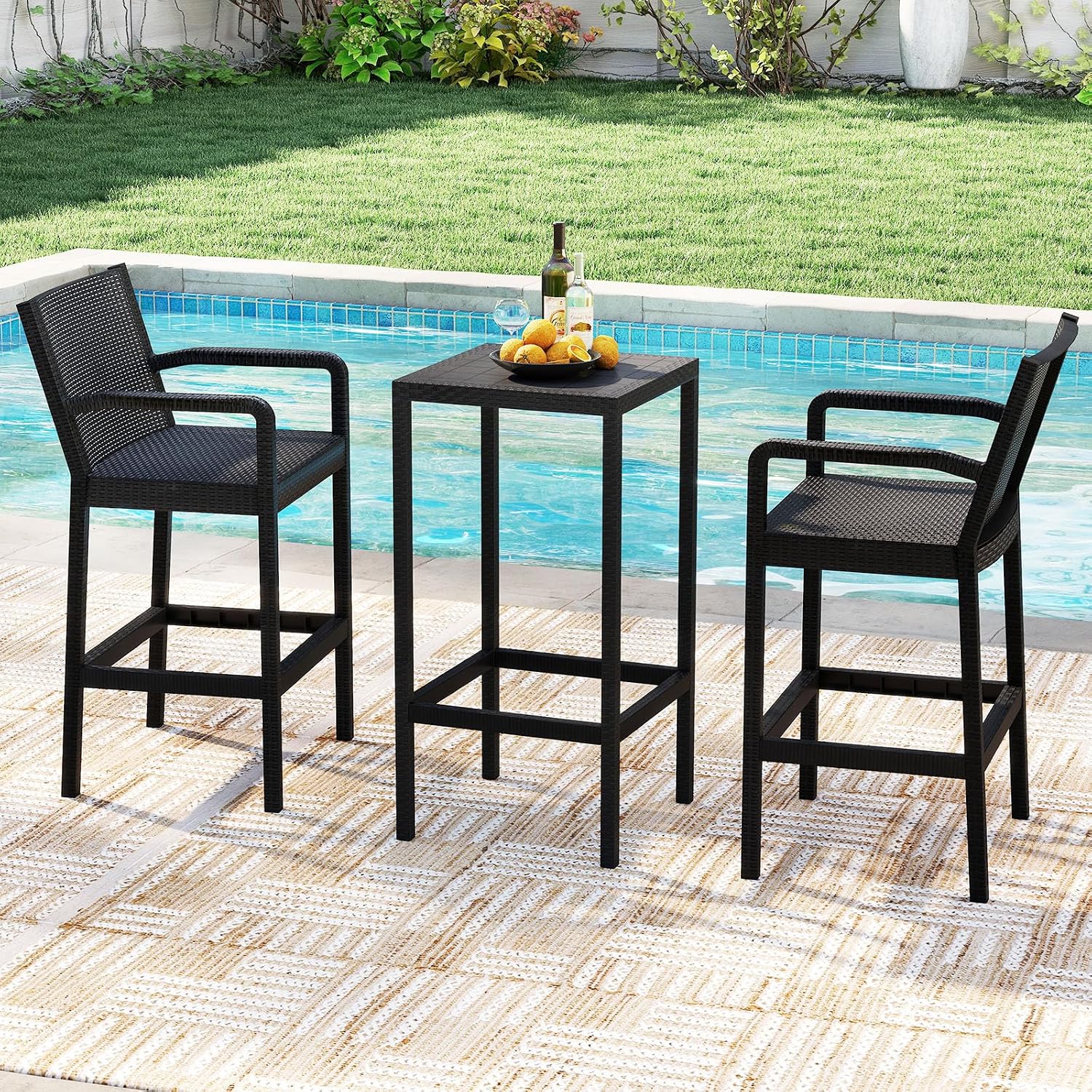 COSTWAY 3 Pieces Patio Bar Set, Modern Outdoor Bistro Set with 2 Chairs and 1 Square Bar Table, Curved Backrest and Armrests, Metal Frame, for Garden, Balcony, Poolside, Black
