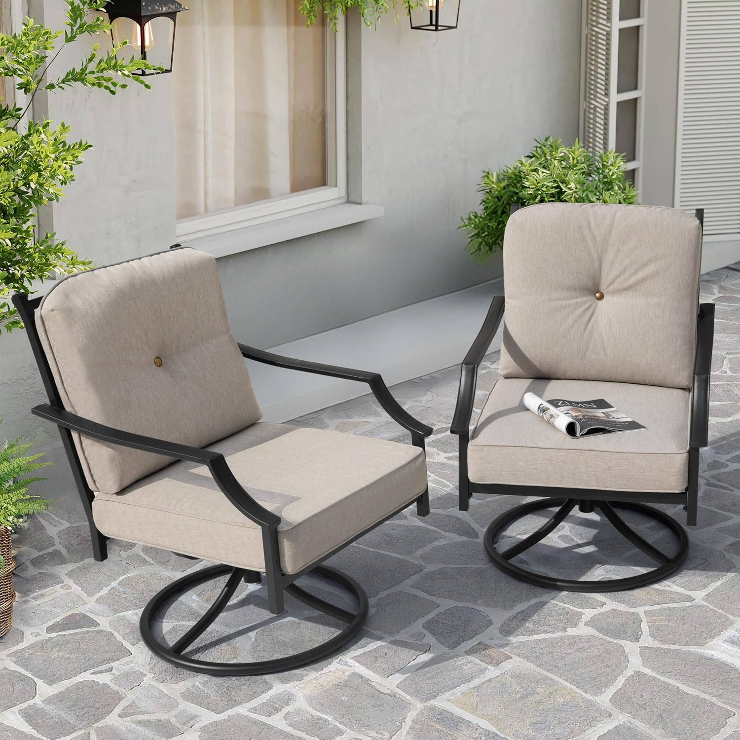 NUU GARDEN 2-Piece Swivel Patio Sofa Set, Wide Seat Metal Rocking Chairs with Thick Olefin Cushions, All-Weather Outdoor Seating for Deck, Porch, Black and Gray