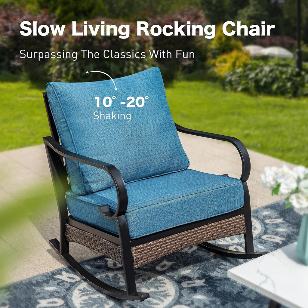 SUNSHINE VALLEY 6 Piece Metal Outdoor Patio Furniture Set, Patio Conversation Set 3-Seater Sofa, 2 Fixed Sofa, 2 Rocking Chair with 5.75' Thick Cushion & Coffee Table Black Backyard Furniture, Blue-2