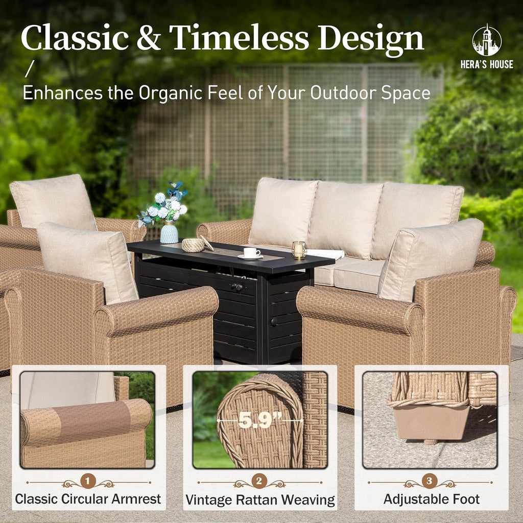 HERA'S HOUSE 5 Pieces Patio Furniture Set, All Weather 7 Seats Outdoor Wicker Sofa with Ottoman, 5.5' Thick Waterproof Cushion Conversation Set for Garden Deck Backyard, Beige