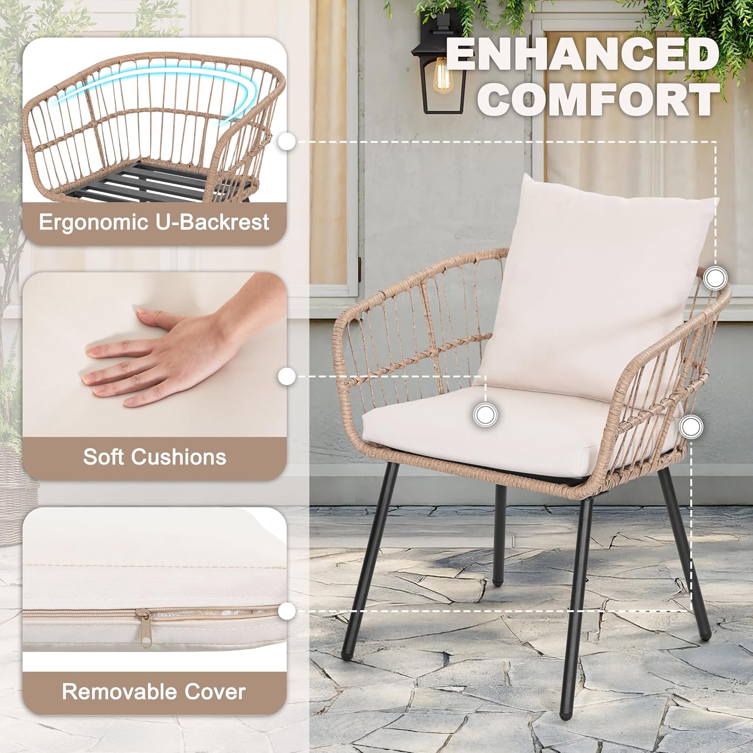 NUU GARDEN 3-Piece Patio Bistro Set, All-Weather Wicker Rattan Outdoor Table and 2 Chairs with Cushions for Porch, Backyard, Poolside, Deck, Beige