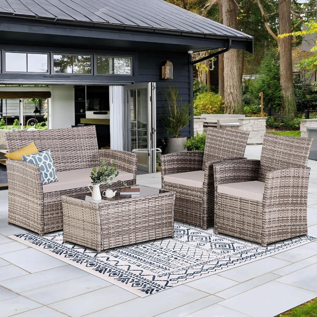 4 Piece Patio Furniture Set, Outdoor Wicker Conversation Sets, Rattan Sectional Sofa Couch with Coffee Table & Seat Cushions for Outside Backyard Porch Garden Poolside Balcony, Gray/Gray
