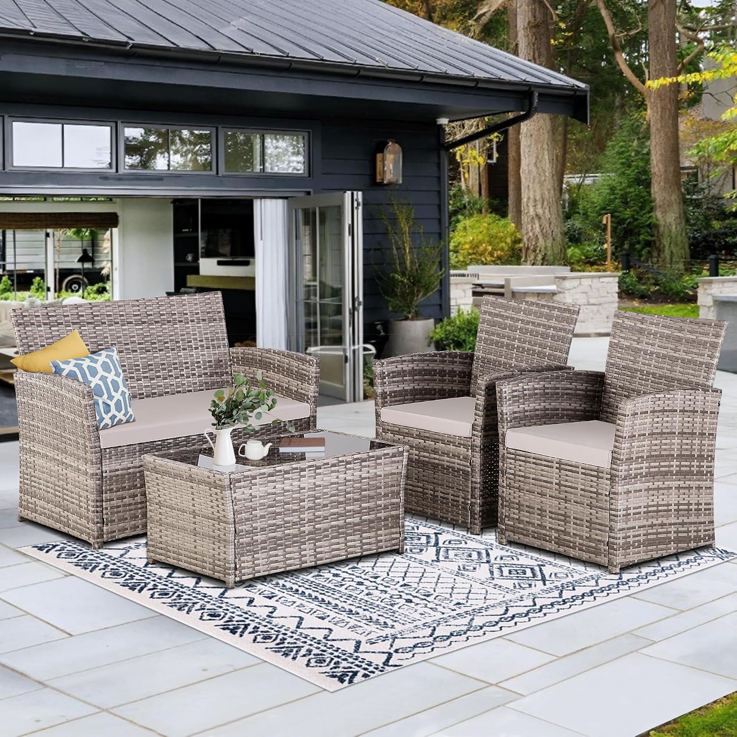 4 Piece Patio Furniture Set, Outdoor Wicker Conversation Sets, Rattan Sectional Sofa Couch with Coffee Table & Seat Cushions for Outside Backyard Porch Garden Poolside Balcony, Gray/Gray