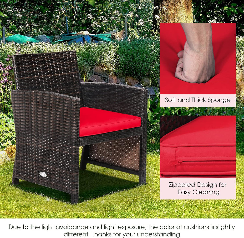 Tangkula 3 Pieces Outdoor Wicker Conversation Set with Waterproof Cover, 2 Patio PE Rattan Cushioned Chairs with Side Storage Table, Suitable for Front Porch, Balcony, Garden, Poolside and Yard (Red)