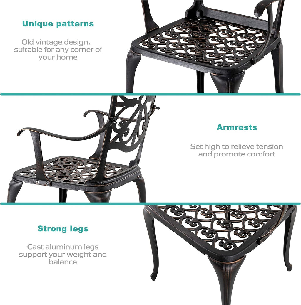 NUU GARDEN 3 Piece Outdoor Bistro Set Cast Aluminum Patio Set Bistro Table Set Rustproof Patio Table and Chairs with Umbrella Hole for Backyard, Balcony, Front Porch, Black