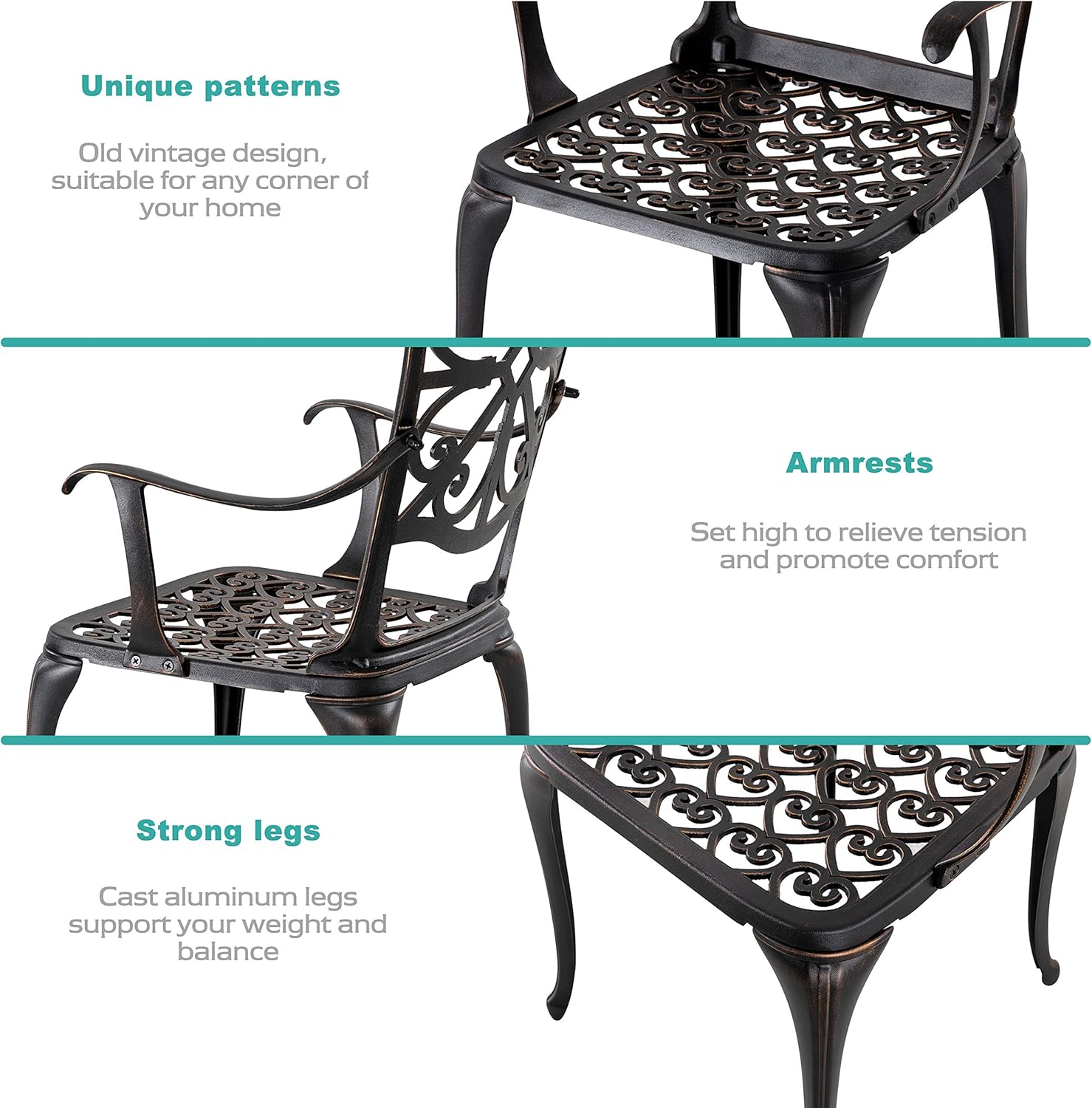 NUU GARDEN 3 Piece Outdoor Bistro Set Cast Aluminum Patio Set Bistro Table Set Rustproof Patio Table and Chairs with Umbrella Hole for Backyard, Balcony, Front Porch, Black