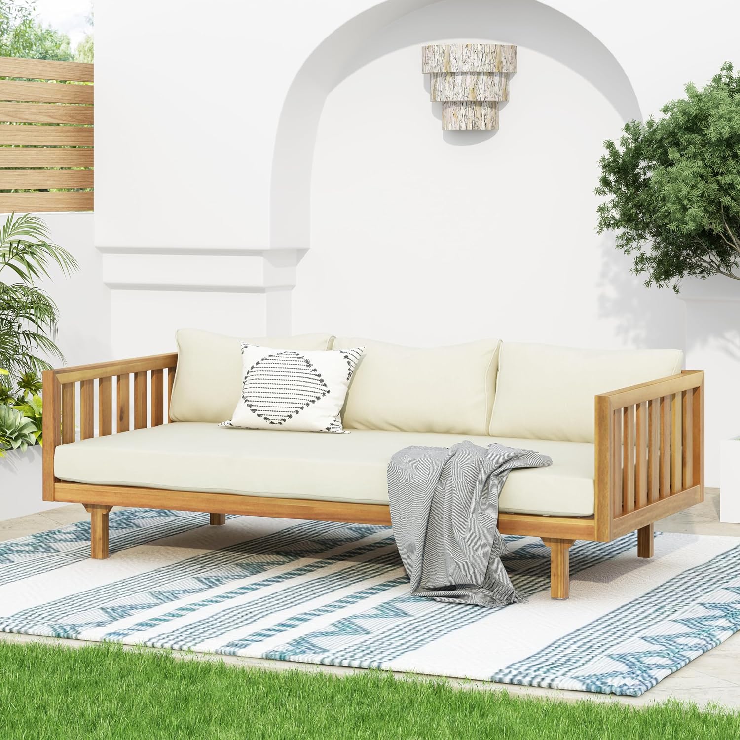 Christopher Knight Home Claremont Patio Sofa and Coffee Table Set, 2 Piece Outdoor Patio Furniture Set with Cushion, Acacia Wood 3 Seater Outdoor Sofa Daybed and Coffee Table Set, Teak+Beige