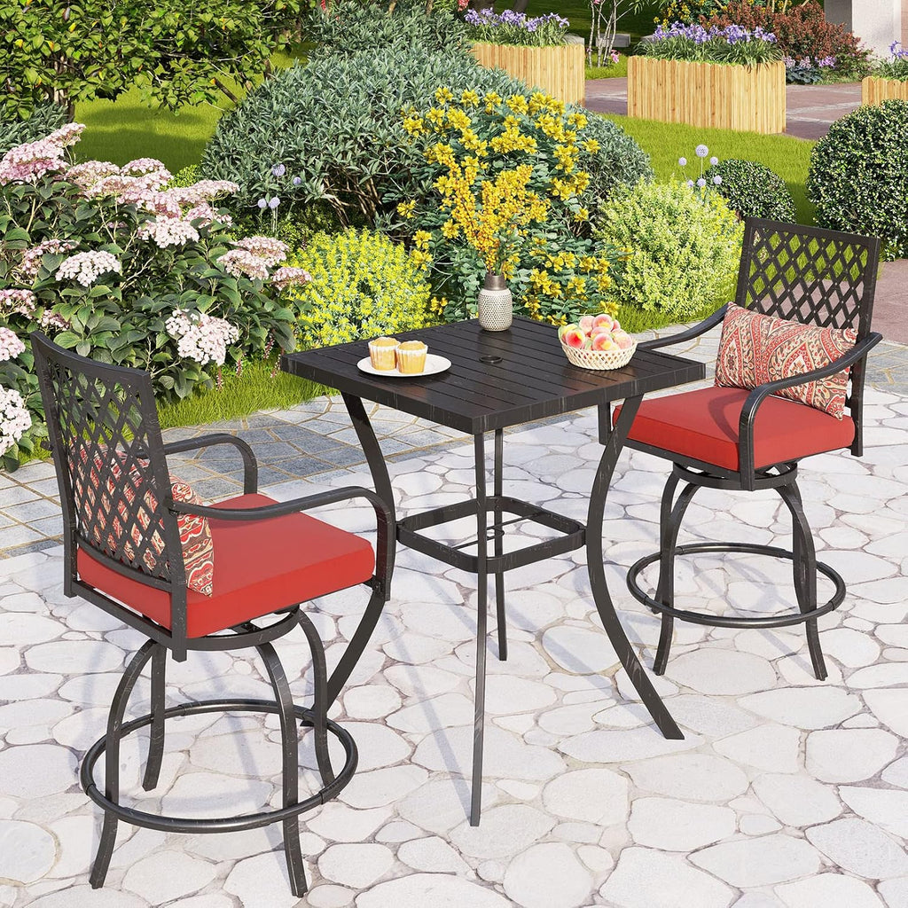 PHI VILLA 3 Piece Outdoor Bar Furniture Set, Counter-Height Patio Bistro Table & Swivel Bar Stools Chairs with Red Cushion for Garden, Backyard, Deck
