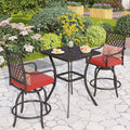 PHI VILLA 3 Piece Outdoor Bar Furniture Set, Counter-Height Patio Bistro Table & Swivel Bar Stools Chairs with Red Cushion for Garden, Backyard, Deck