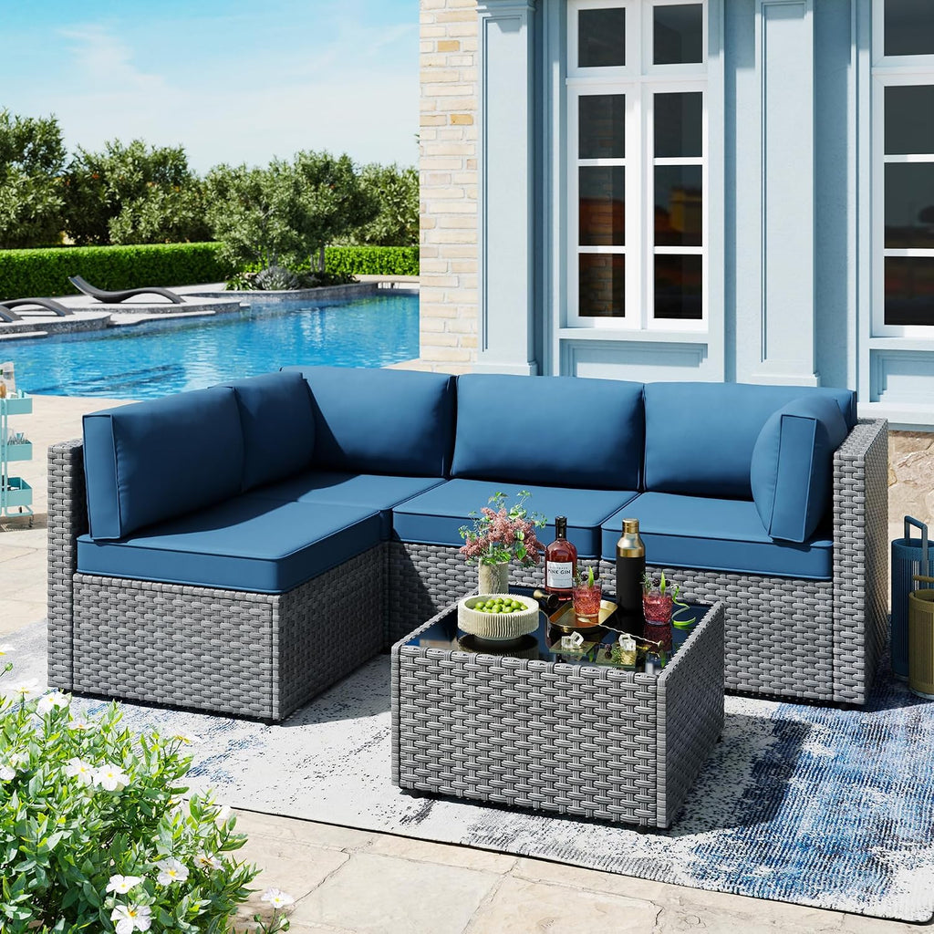 SUNLEI 5 Piece Patio Furniture Sets, Low Back All-Weather Rattan Sectional Sofa with Tea Table&Washable Couch Cushions, Patio Furniture Sets, Silver Rattan