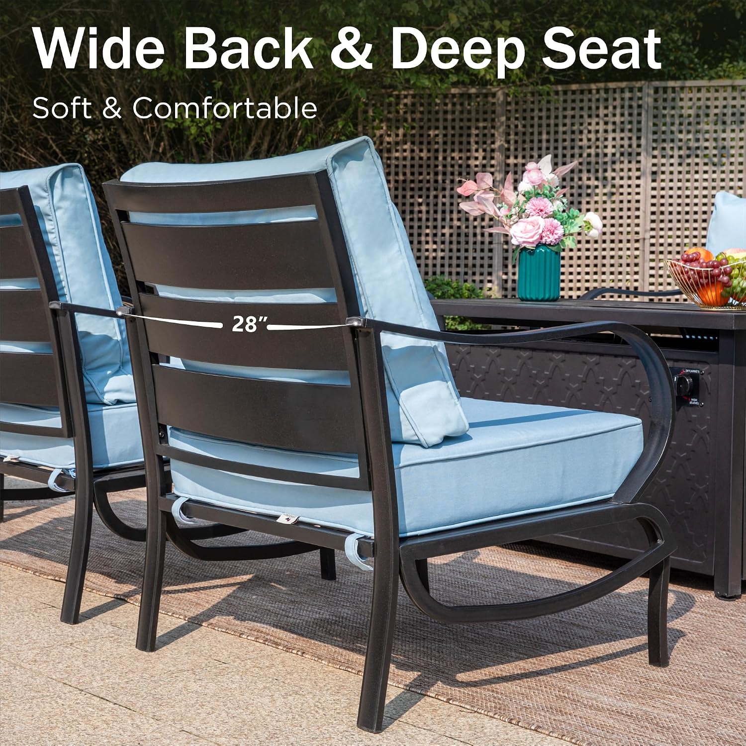 PHI VILLA Patio Metal Sofa Chair for 2, Deluxe Outdoor Patio Set with 2 Stable Padded Sofa Chair(Blue)