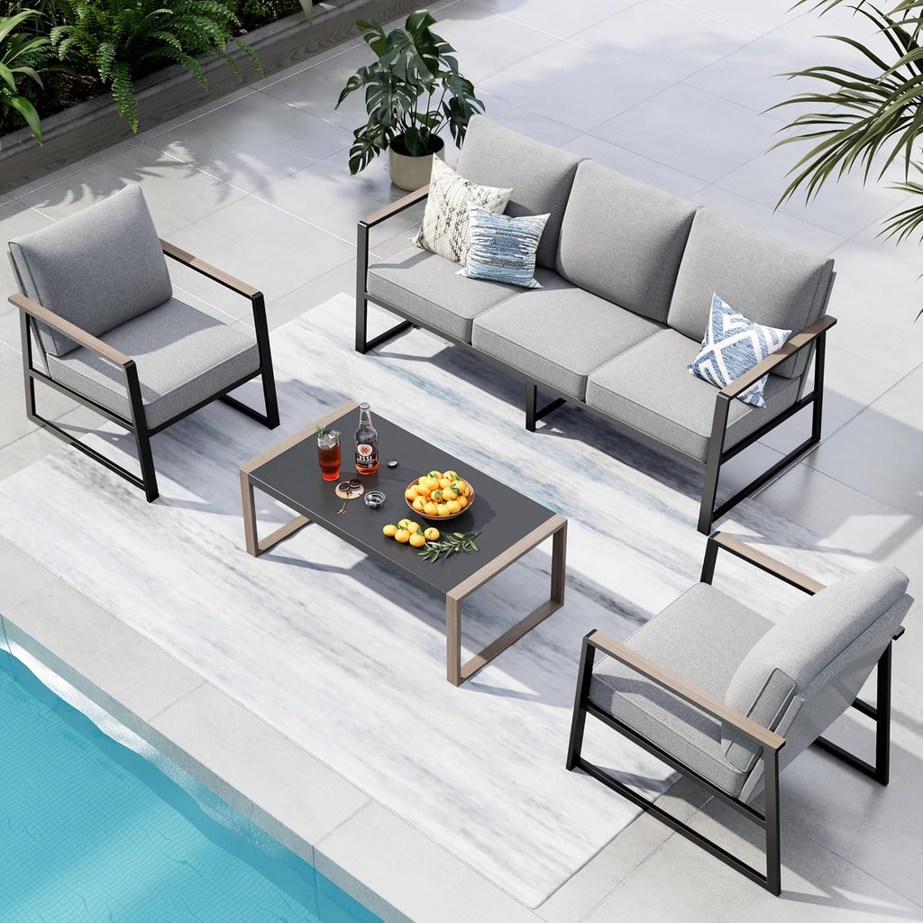 PHI VILLA Metal Patio Furniture Set,5 Seats Outdoor Patio Conversation Set,All Weather Outdoor Couch Set Patio Sofa Set with Coffee Table,Black Frame with Textilene Cushion（Backyard ICON Collection）