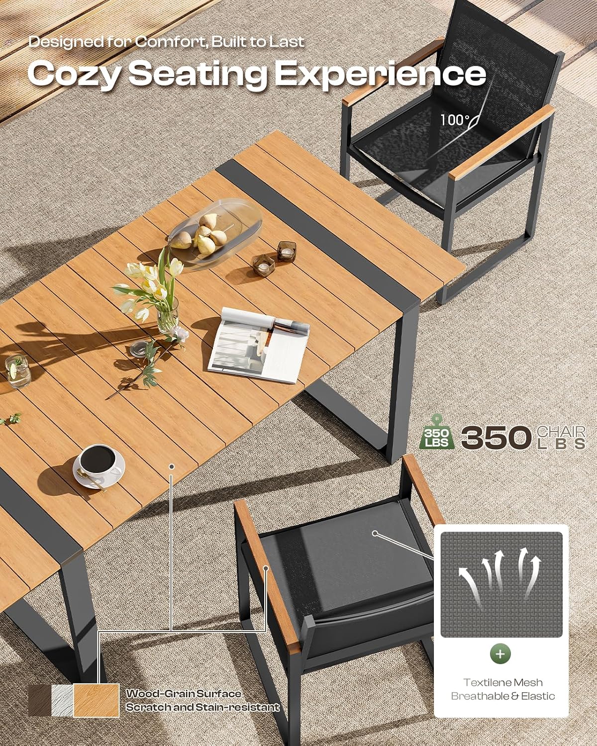 Outdoor Dining Table for 6, HDPS+ Aluminum Patio Dning Table with U-Shape Leg, Size: 67.4'*32.3'*29.6',Modern Rectangular Table for Lawn, Garden (Gray-Teak)
